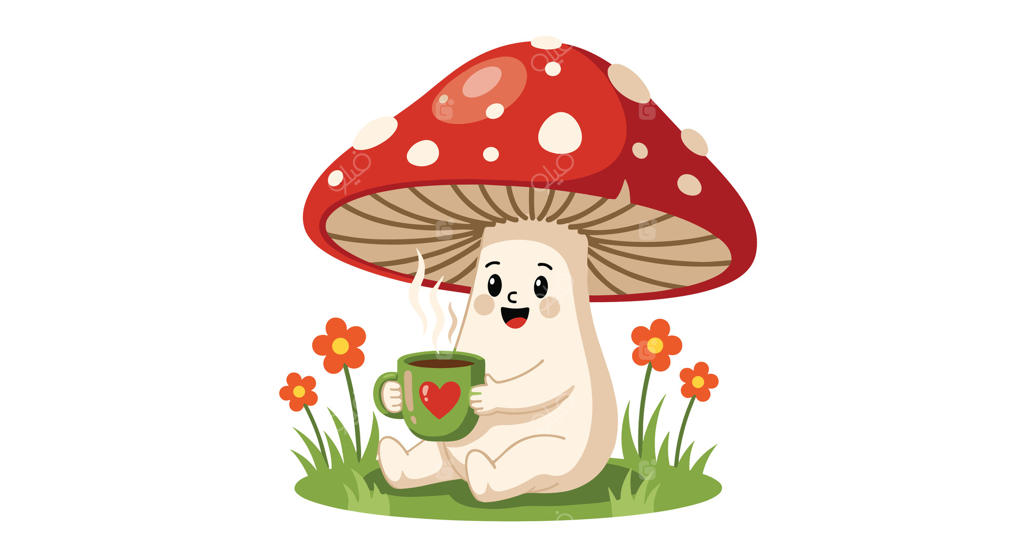 شخصیت فانتزی قارچ با فنجان قهوه در دنیای گل‌ها و چمن‌های سبز روی زمینه سفید