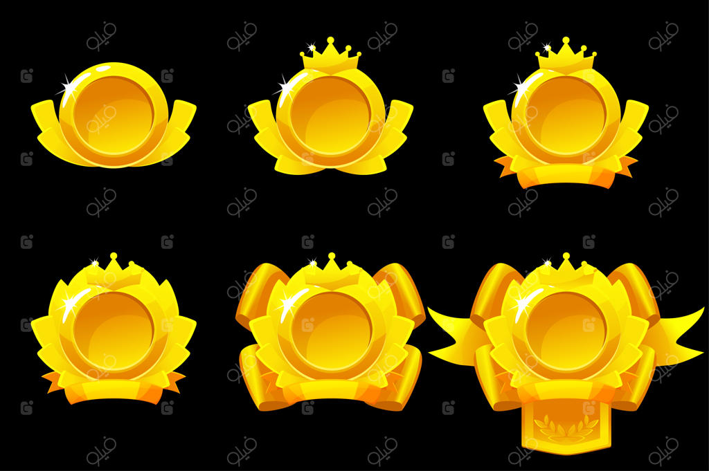 آیکون های کارتونی وکتور مدال های طلایی با نوارهای رنگی برای جایزه یا مقام اول در ورزش یا مسابقه