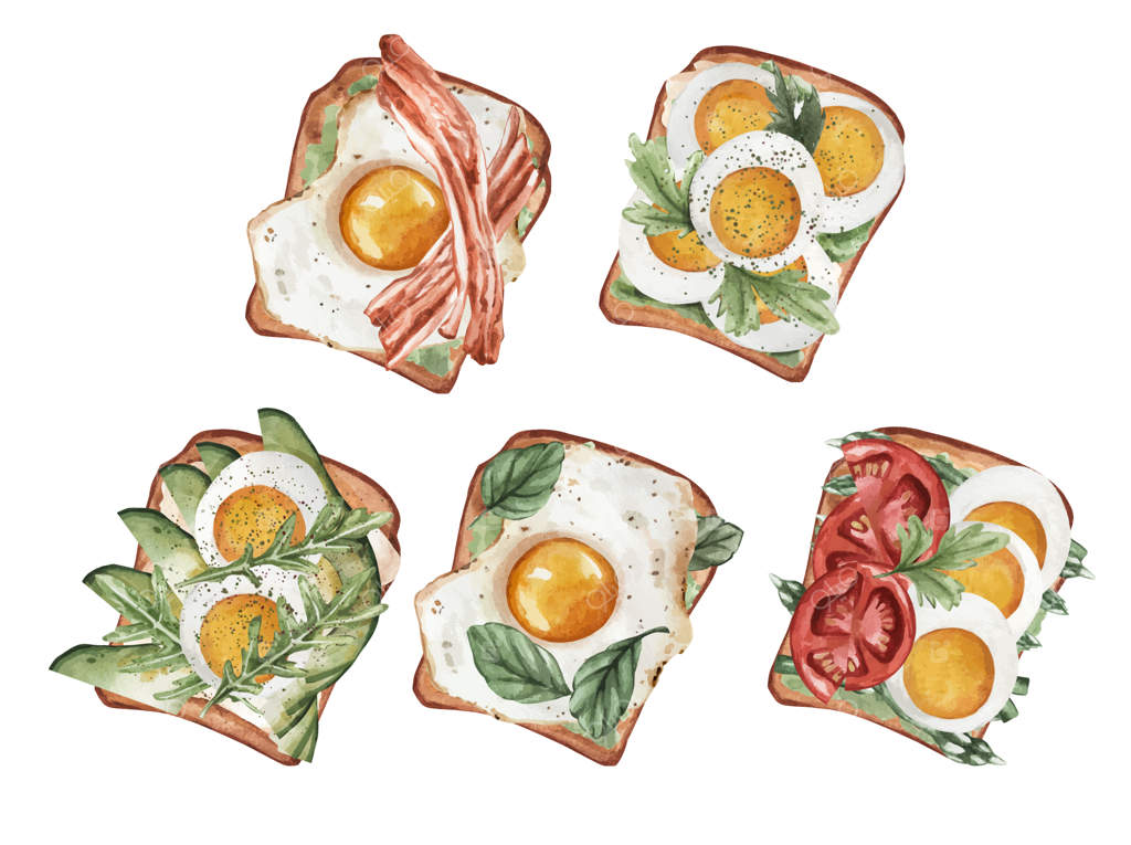 مجموعه‌ای از ساندویچ‌های آبرنگی با گوشت، تخم‌مرغ، ماهی و سبزیجات - غذاهای سالم و ساندویچ گیاهی