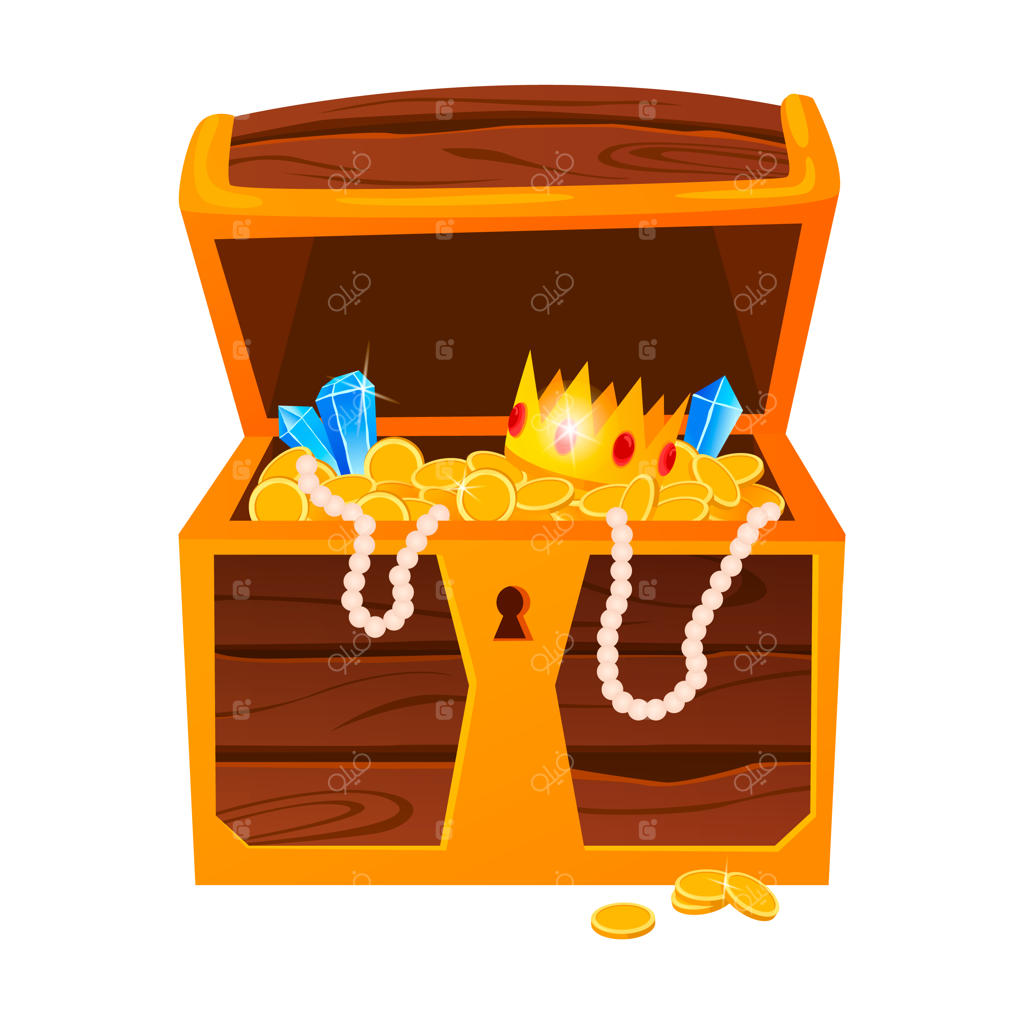 گنجینه‌های طلا با الماس‌های گرانبها و تاج‌های لوکس در صندوق چوبی قدیمی و کیسه‌های پارچه‌ای.