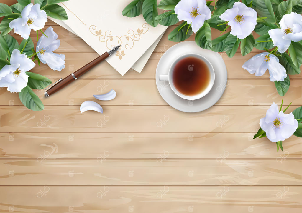 گل‌های سفید روی میز چوبی، نمای از بالا