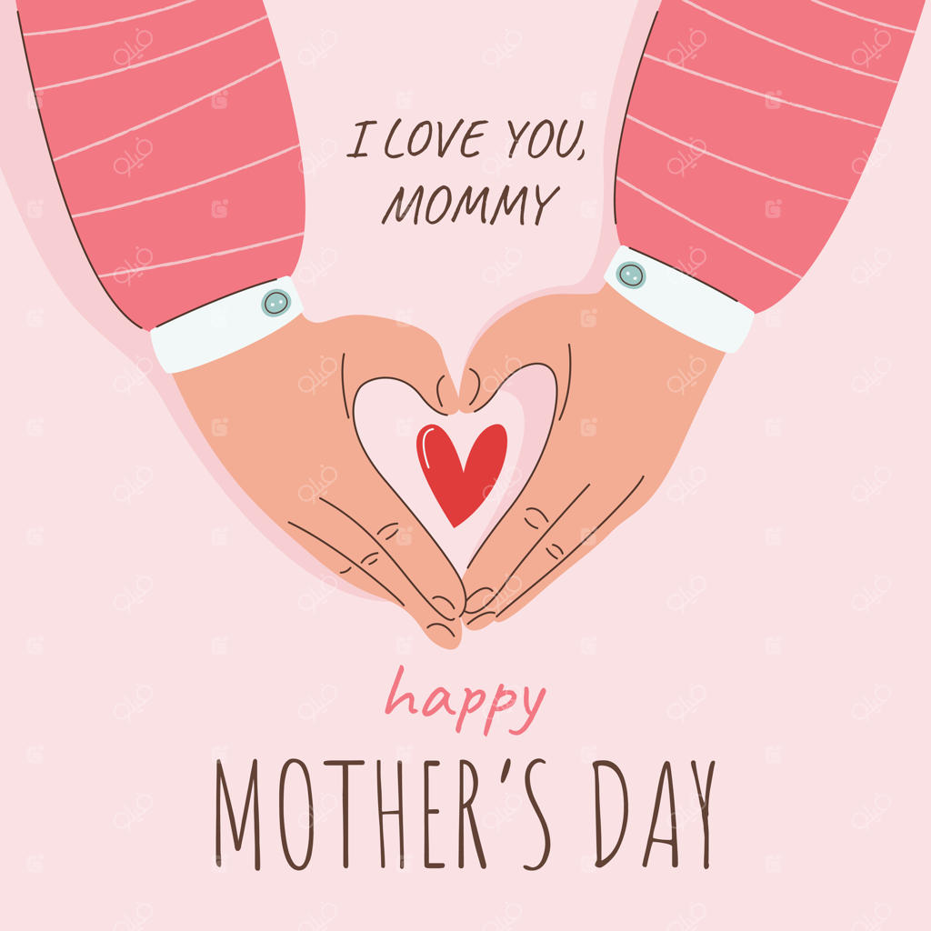 مفهوم روز مادر مبارک - کارت تبریک، پوستر یا پست شبکه‌های اجتماعی. دستان زنی که علامت قلب نشان می‌دهد. تصویرسازی دستی به سبک ساده روی پس‌زمینه صورتی.