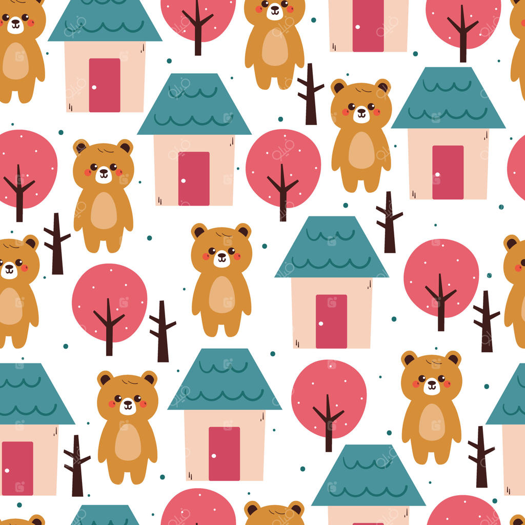 پترن کارتونی خرس دست‌کشیده بامزه با خانه و درخت. پترن حیوانات دوست‌داشتنی در زمینه سفید برای کاغذ کادو و کاغذدیواری.