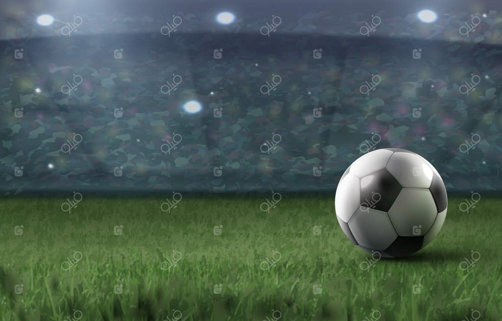 تصویر توپ فوتبال روی چمن با پس‌زمینه استادیوم فوتبال انتزاعی