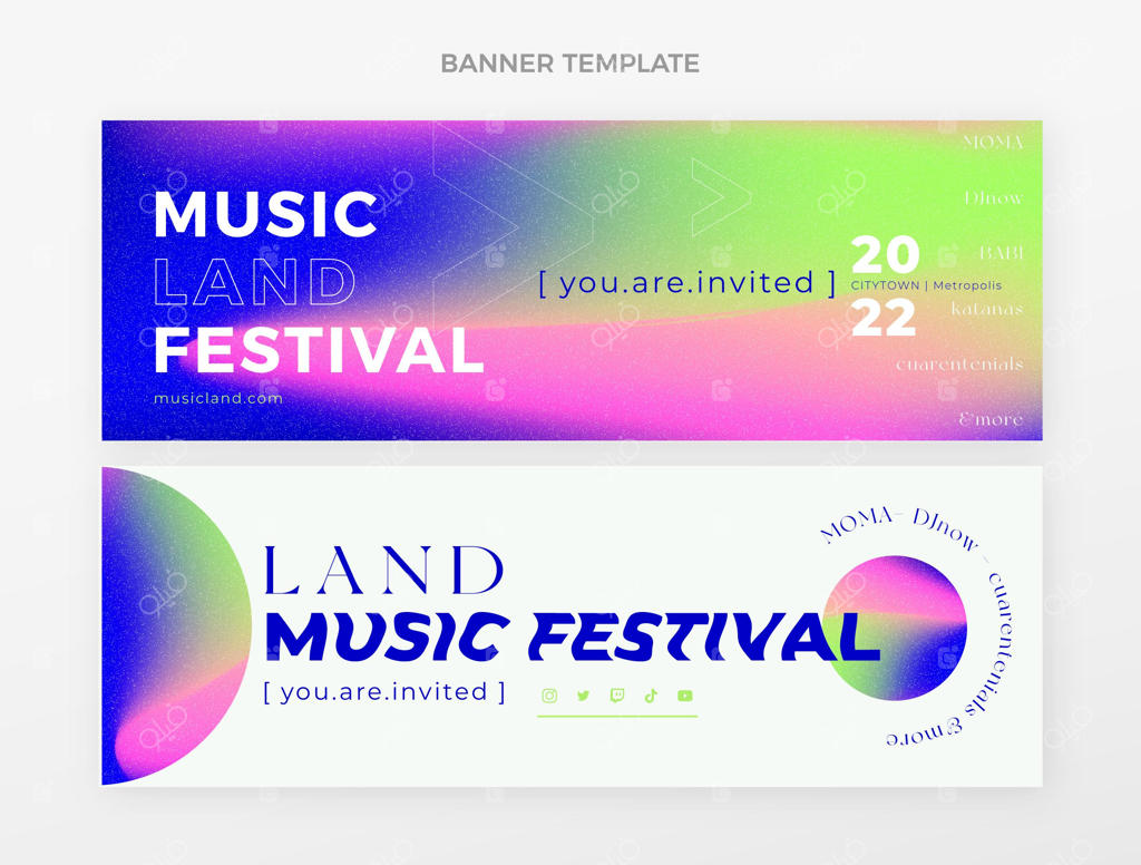 بنرهای افقی جشنواره موسیقی با گرادیان‌های رنگارنگ