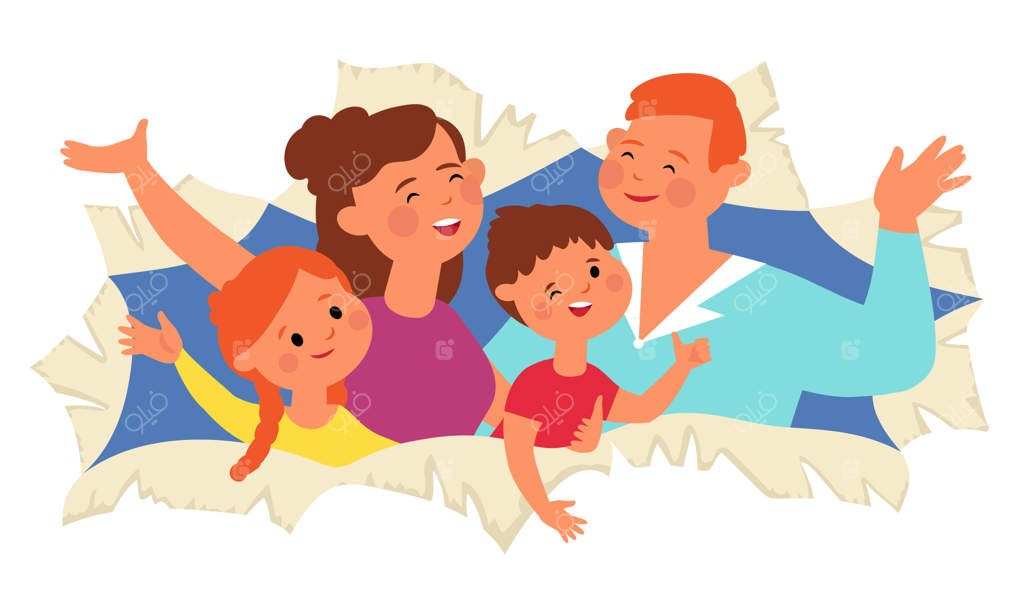 خانواده در حفره کاغذی: تصویری شاد از والدین و کودکان برای جشن تولد یا مهمانی به سبک کارتونی - بنر مناسبتی وکتور