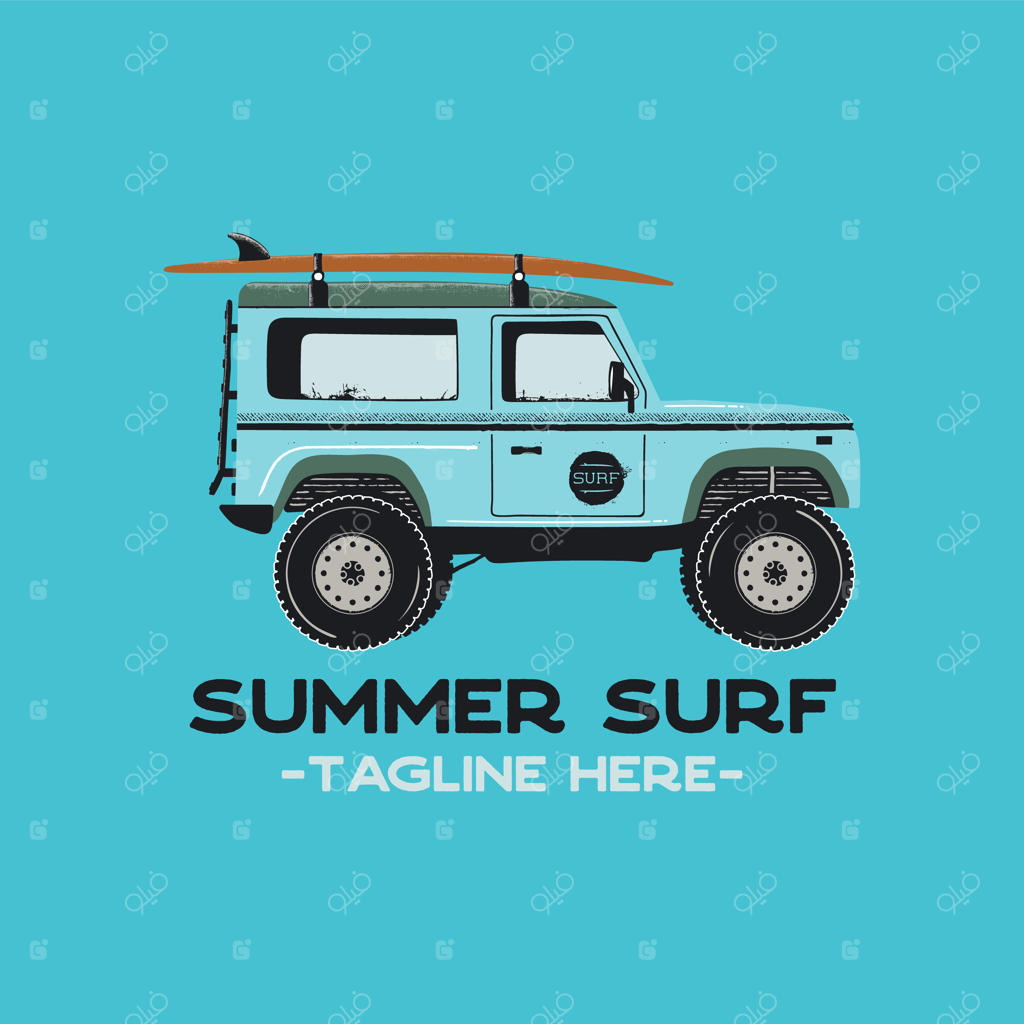 طراحی نشان موج‌سواری تابستانی با گرافیک ماشین موج‌سواری و لوگوی سفر - وکتور استوک برچسب کمپینگ