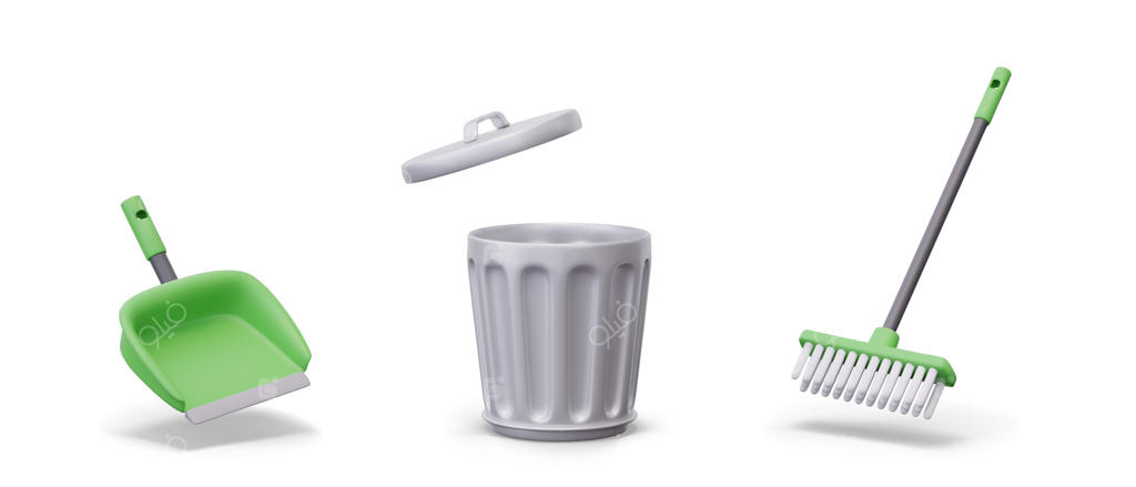مجموعه اشیاء واقع‌گرایانه نظافت؛ خاک‌انداز، سطل فلزی درب‌دار و برس پلاستیکی جارو