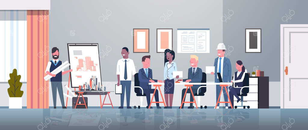 معمار در حال نمایش نقشه ساختمان به گروهی از بازرگانان و مهندسان