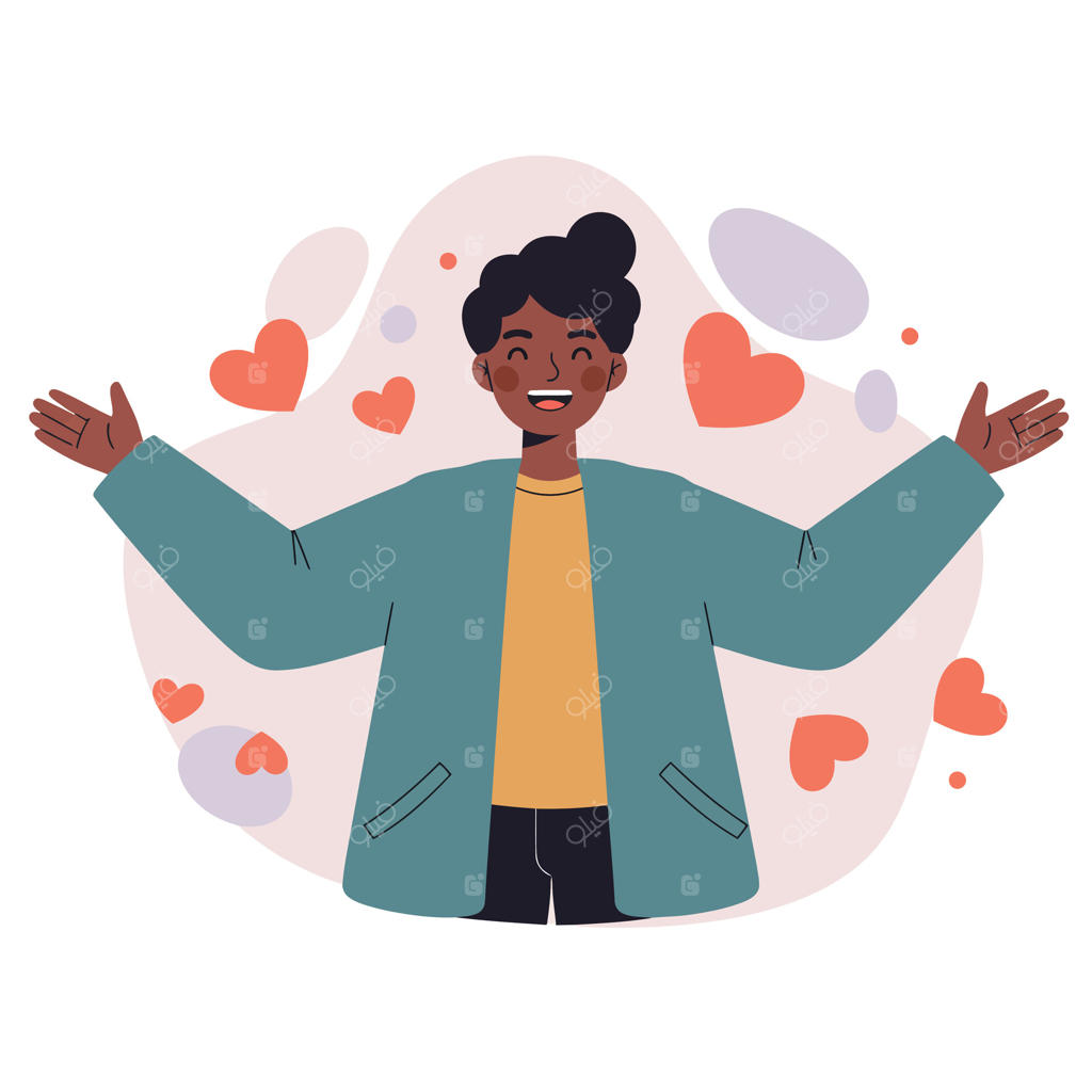 تصویر فرد خوشحال با آغوش باز و قلب‌ها و اشکال انتزاعی در حال ابراز عشق و شادی