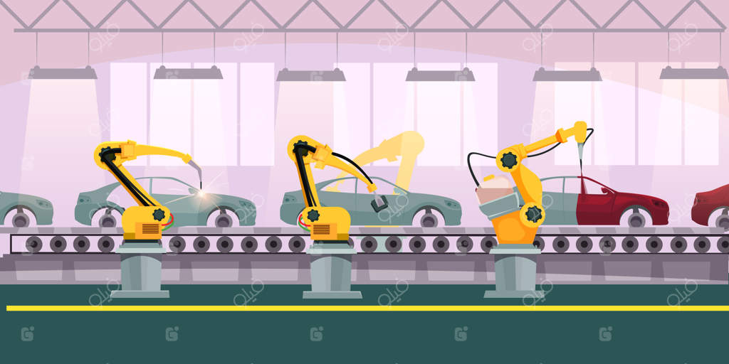 تصویری از کارخانه خودرو: فناوری ساخت و تولید در خطوط مونتاژ خودکار با بازوها و ربات‌های صنعتی