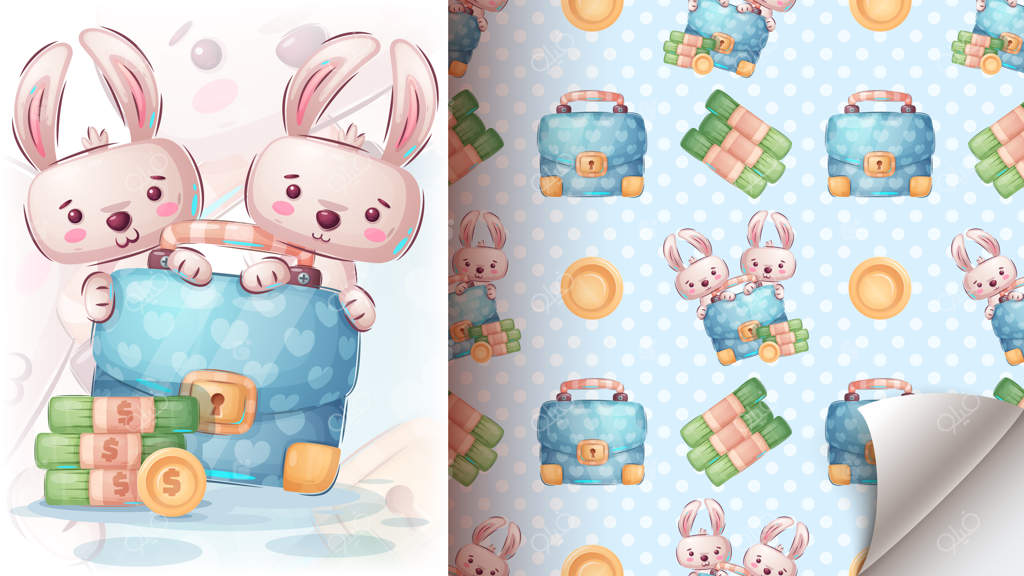 پترن یکپارچه خرگوش بامزه با دیپلمات - وکتور EPS 10