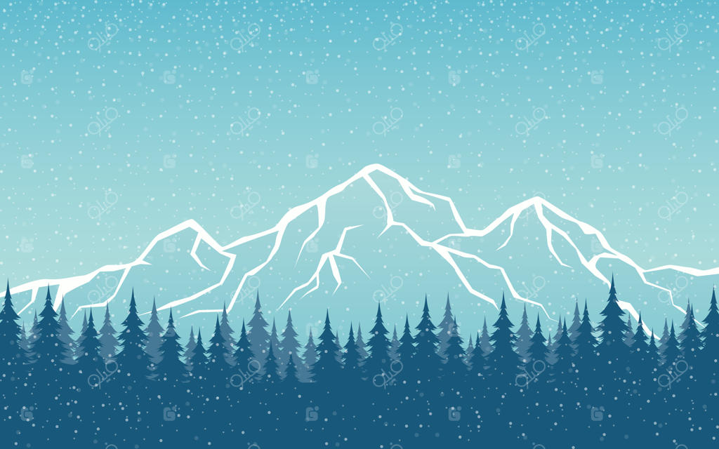 تصویرسازی منظره قله‌های برفی و جنگل کاج