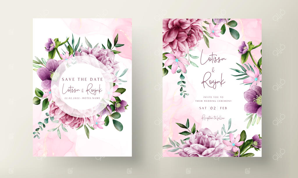 پترن کارت دعوت عروسی با طراحی گل‌های آبرنگی بنفش شیک