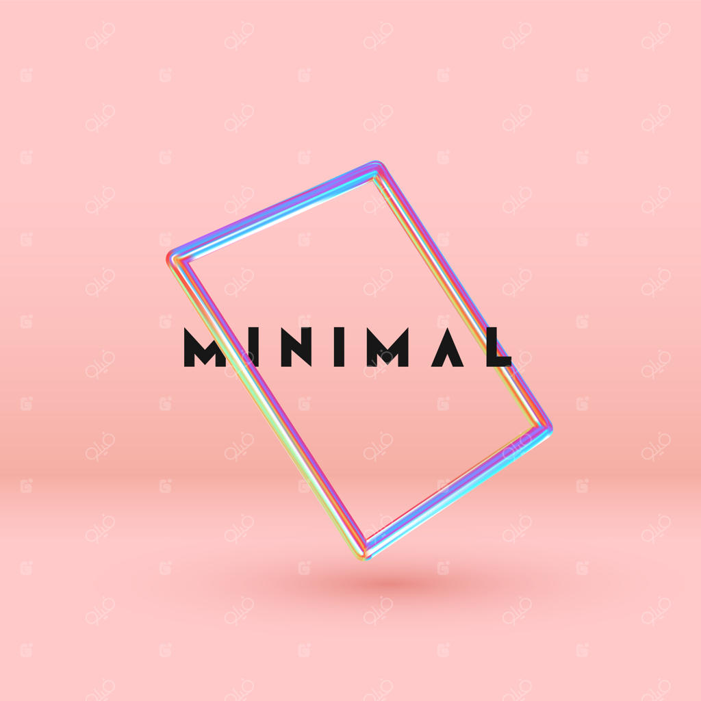 پس‌زمینه مینیمالیستی انتزاعی با عناصر رنگی گرادیان آبی و صورتی و قاب مربعی شناور در فضا. پوستر با اشکال هندسی واقع‌گرایانه سه‌بعدی. تصویرسازی وکتور