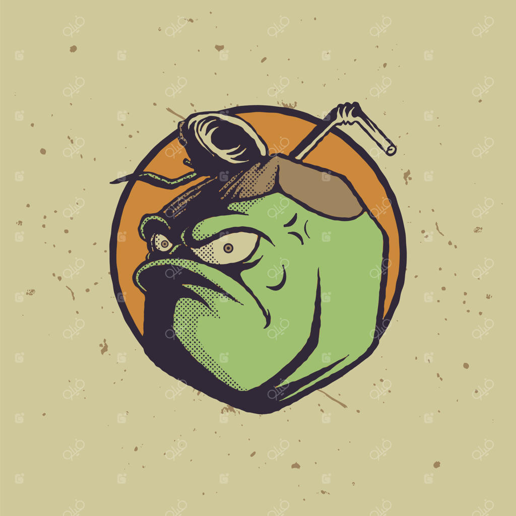 نشان کارتونی نارگیل با چهره خشمگین به سبک رترو