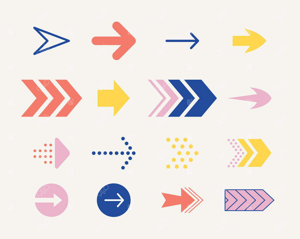 مجموعه‌ای رنگارنگ و متنوع از فلش‌های جهت‌دار.