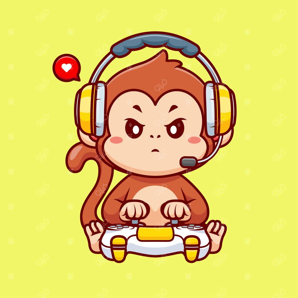 تصویر وکتور کارتونی بامزه میمون در حال بازی - آیکون تکنولوژی حیوانات، ایزوله و ویژه