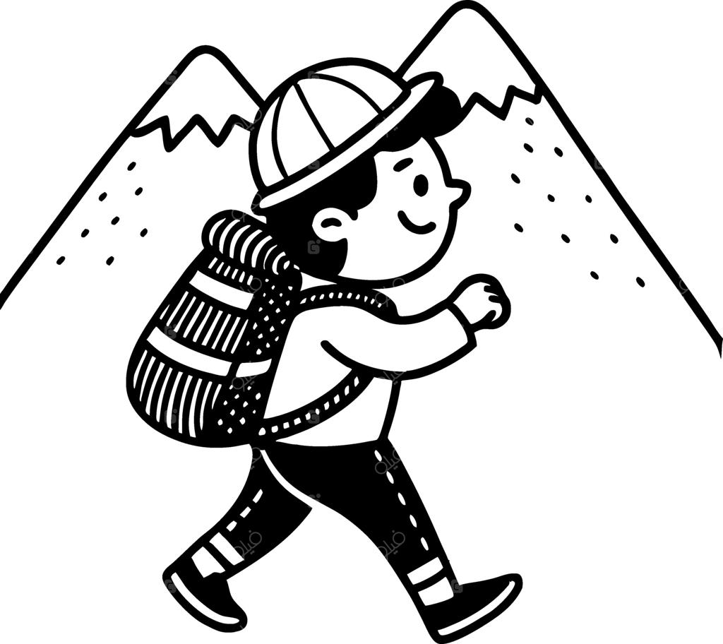 طرح گرافیکی کودک شاد در حال کوله‌گردی در کوهستان؛ مناسب برای موضوعات ماجراجویی و طبیعت‌گردی