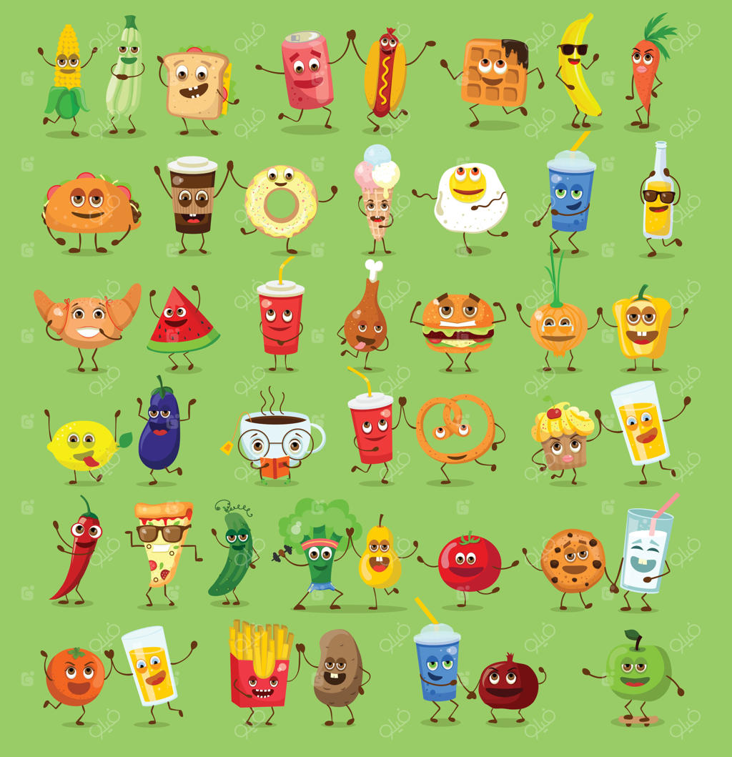 شخصیت‌های بامزه و خنده‌دار غذا و نوشیدنی - مجموعه‌ای از بهترین دوستان فست‌فود - وکتورهای کارتونی برای صفحه وب، کارت، پوستر و بنر