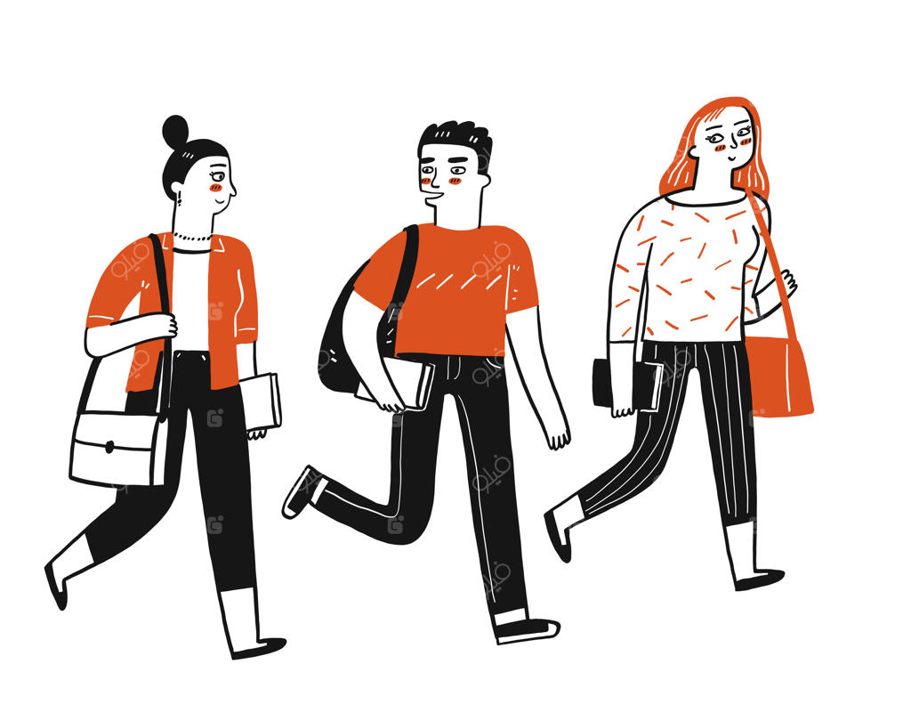 گروهی از دانشجویان کتاب‌به‌دست در حال قدم زدن و گفت‌وگو