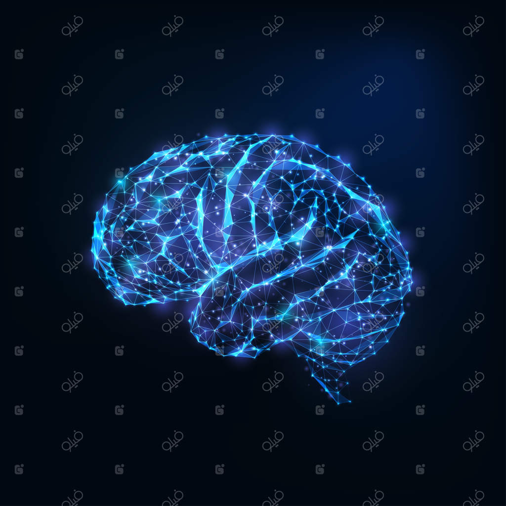 مغز آینده‌نگر درخشان با خطوط متصل و ستاره‌ها بر روی زمینه‌ی آبی تیره.