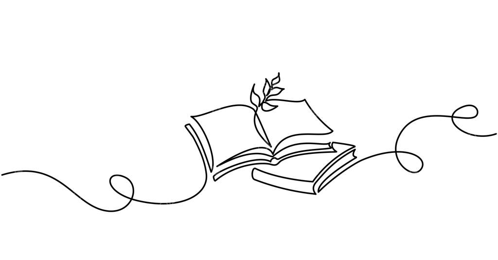 کتاب باز با قاب گوشه‌ای از شاخه‌های برگ – ترسیم خطی پیوسته برای آموزش و دانش