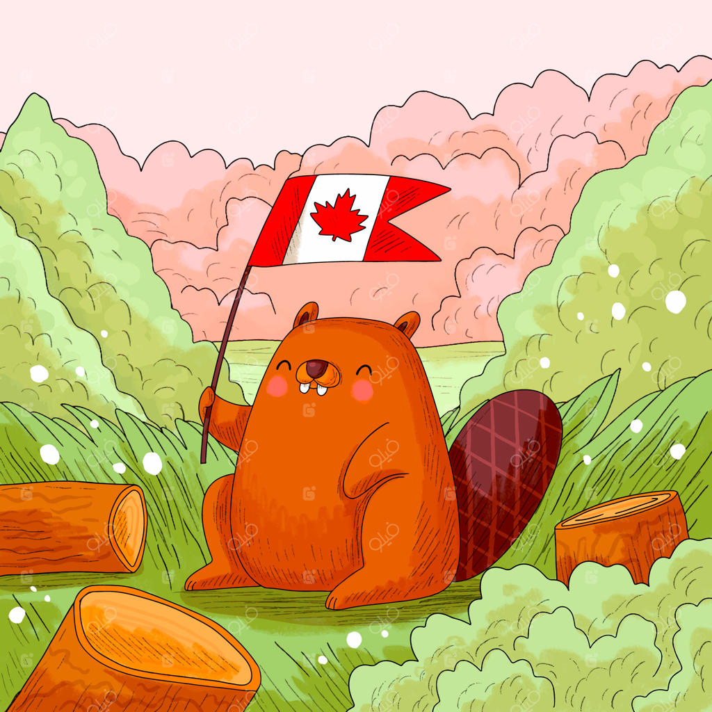 سگ آبی کارتونی خوشحال با پرچم کانادا