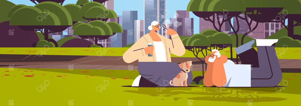 زوج سالخورده در حال بازی با حباب و گذراندن وقت با سگ کوچولو در پارک شهری – مفهوم آرامش و بازنشستگی، منظره شهری، تصویر برداری افقی