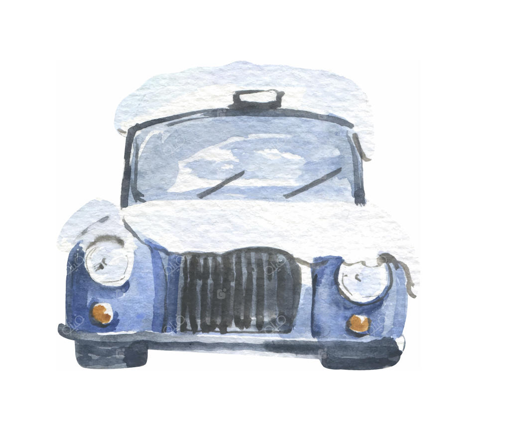 تصویر آبرنگی از یک ماشین قدیمی آبی در برف