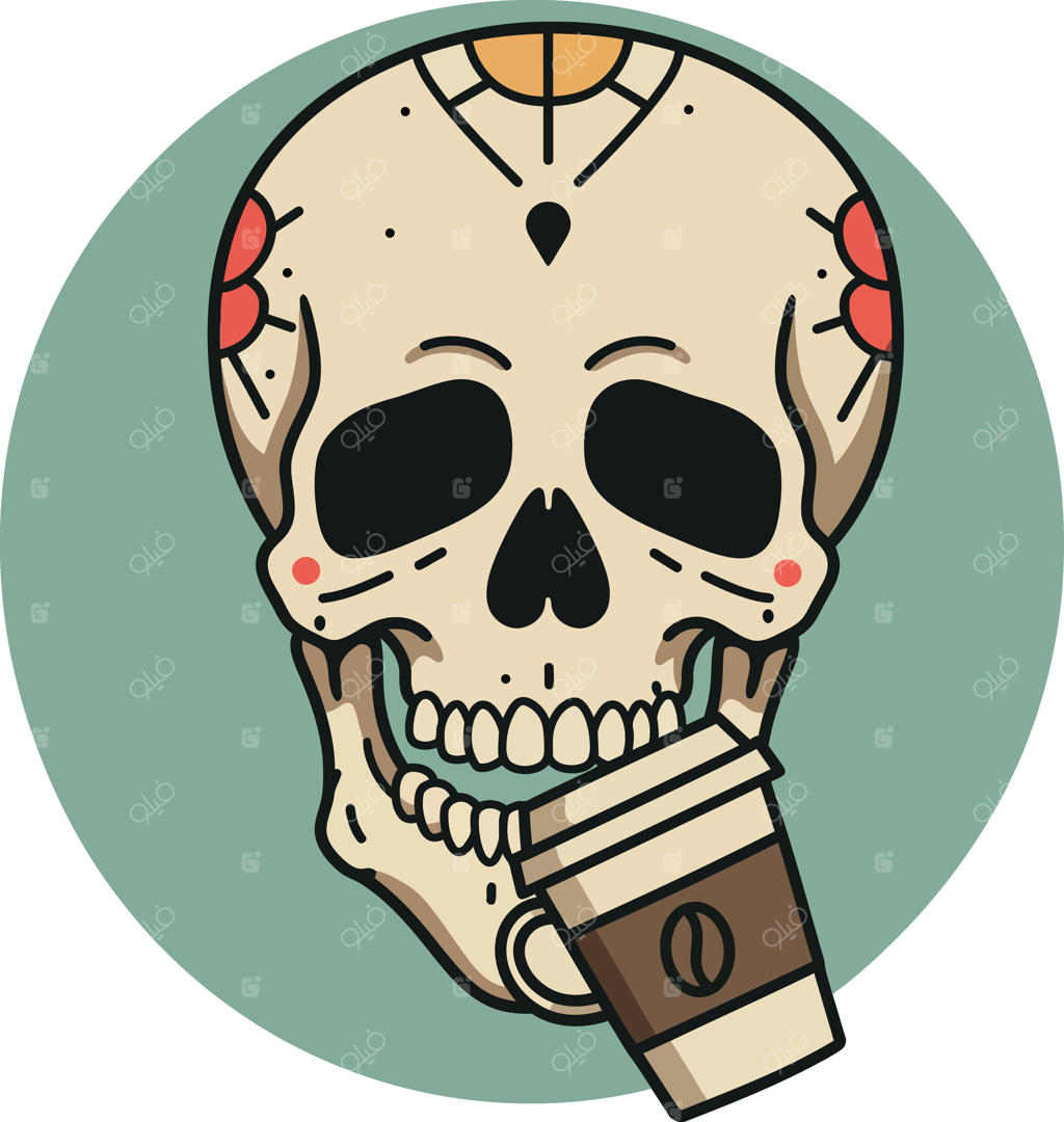 طرح جمجمه انسان تزئین‌شده با فنجان قهوه در سبک تخت، همراه با الگوهای گلدار و پس‌زمینه‌ای خنثی