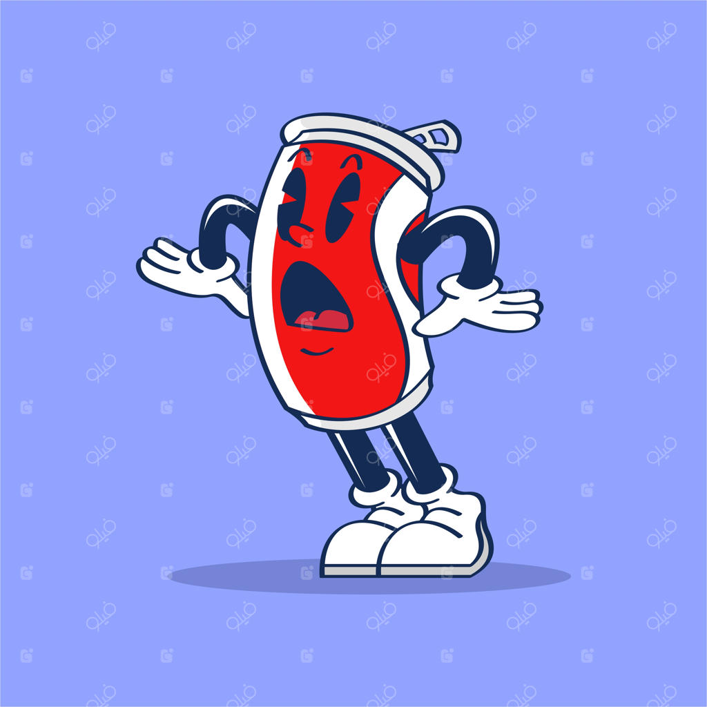 تصویر کارتونی یک بطری نوشابه قرمز با صورت و دست روی آن.