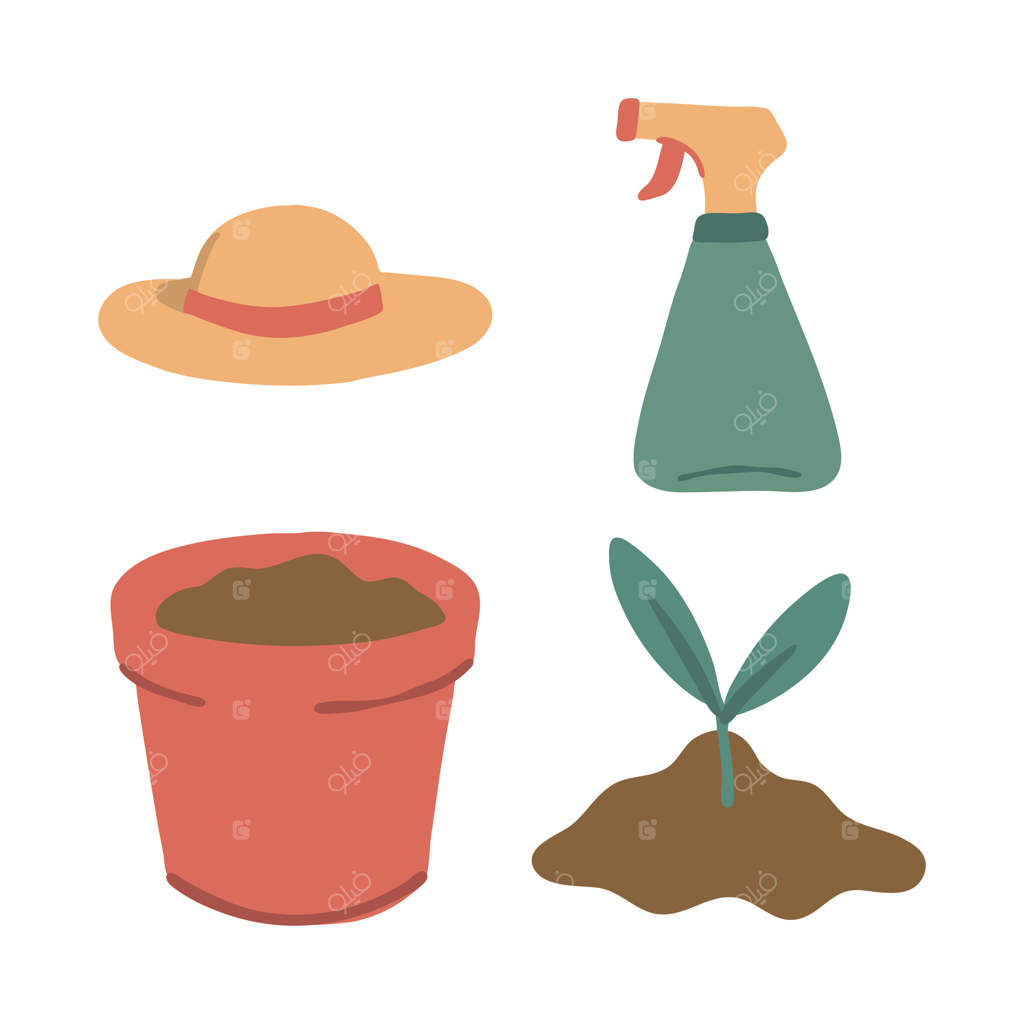 تصویرسازی دستی از باغ: کلاه، سمپاش، گلدان و گیاهان