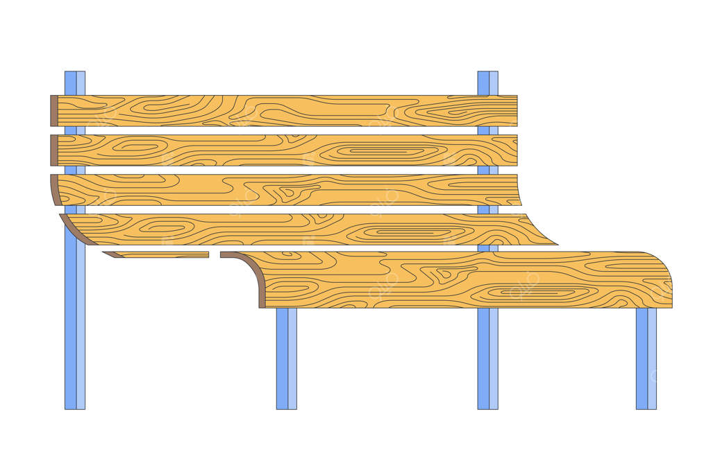 نیمکت چوبی پارک با نشیمنگاه منحنی - شیء کارتونی دوبعدی. دکور شهری. صندلی باغی فضای باز. منطقه تفریحی. مبلمان عمومی - عنصر ایزوله شده در تصویر تخت روی زمینه سفید. تصویر نقطه‌ای