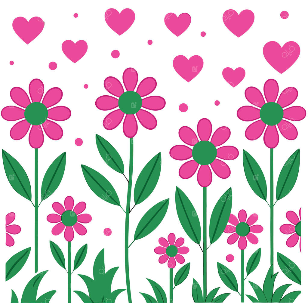 طراحی باغ رمانتیک بهاری با گل‌های صورتی، برگ‌های سبز و قلب‌ها