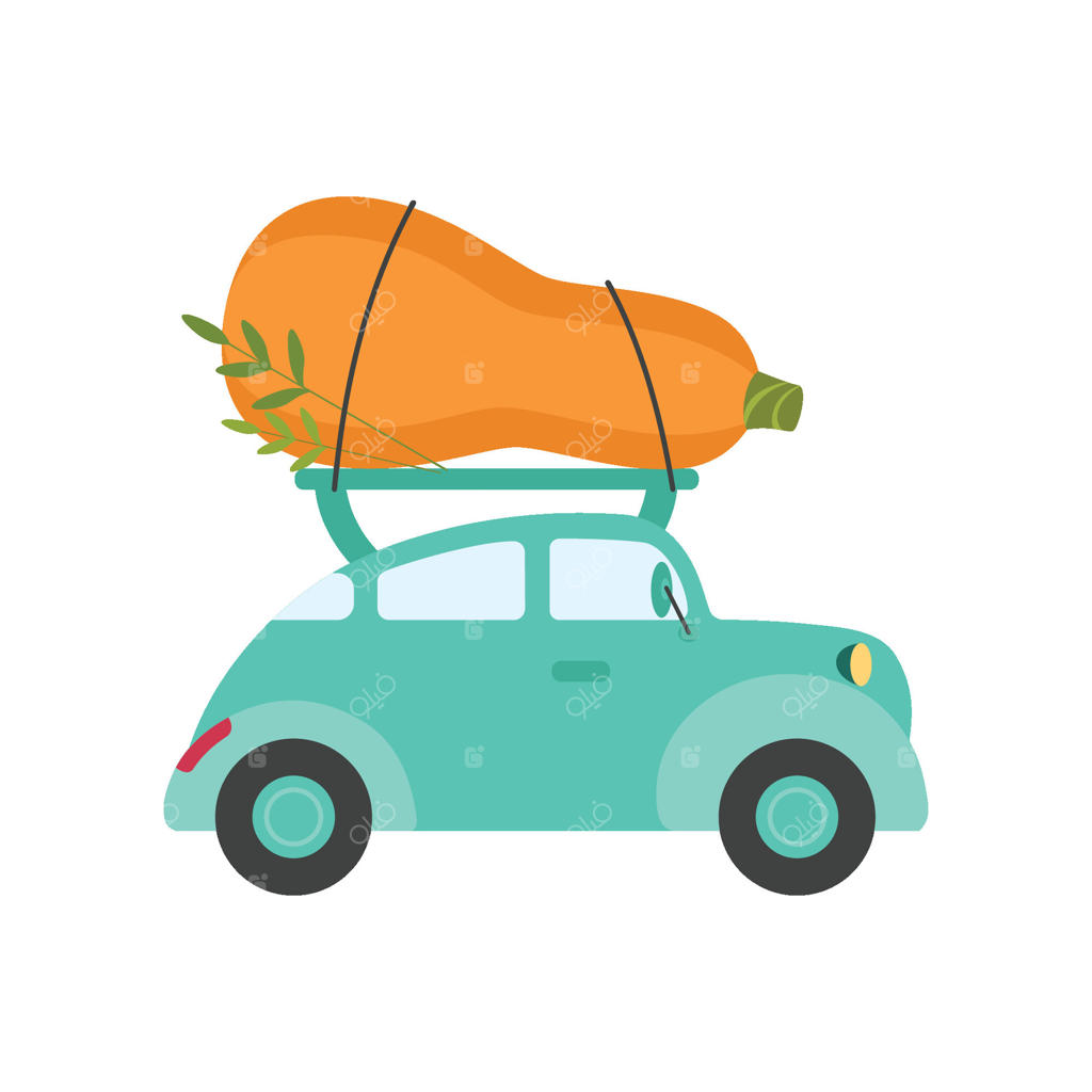 حمل کدوهای سبز غول‌پیکر با ماشین فیروزه‌ای بامزه، نمای جانبی، تصویر حمل و نقل سبزیجات تازه باغ