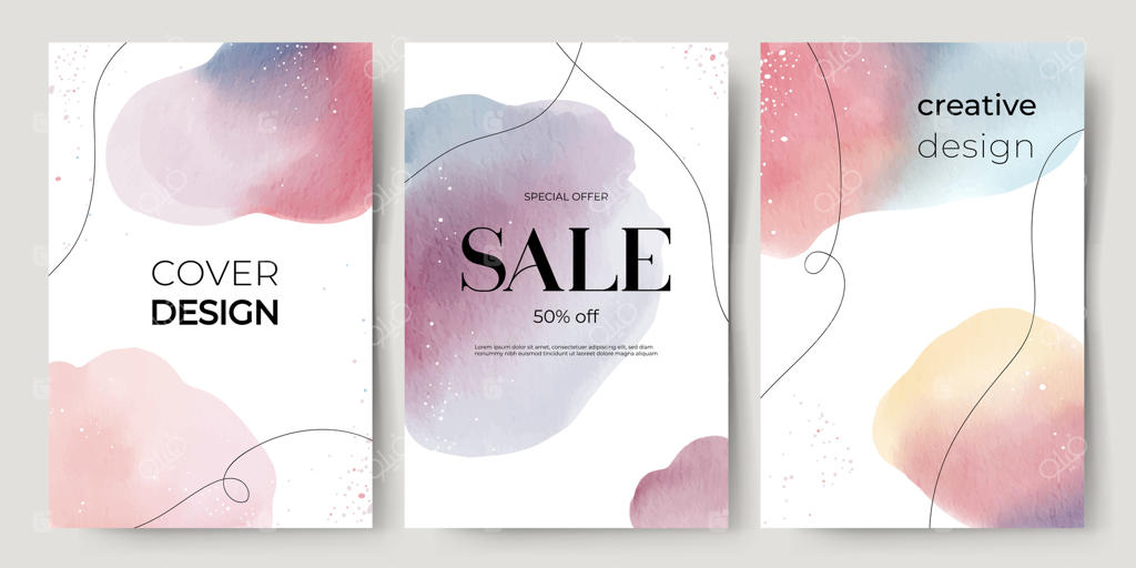 مجموعه‌ای از پس‌زمینه‌های آبرنگی با فضای متن. اشکال انتزاعی دست‌ساز. قاب‌های مدرن و شیک با لکه‌های آبرنگی