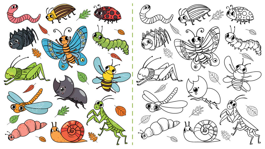 بازی رنگ‌آمیزی حشرات کارتونی: نقاشی حشرات بامزه با کودکان، تصویرسازی وکتور کرم، کرم ابریشم و حشرات خنده‌دار