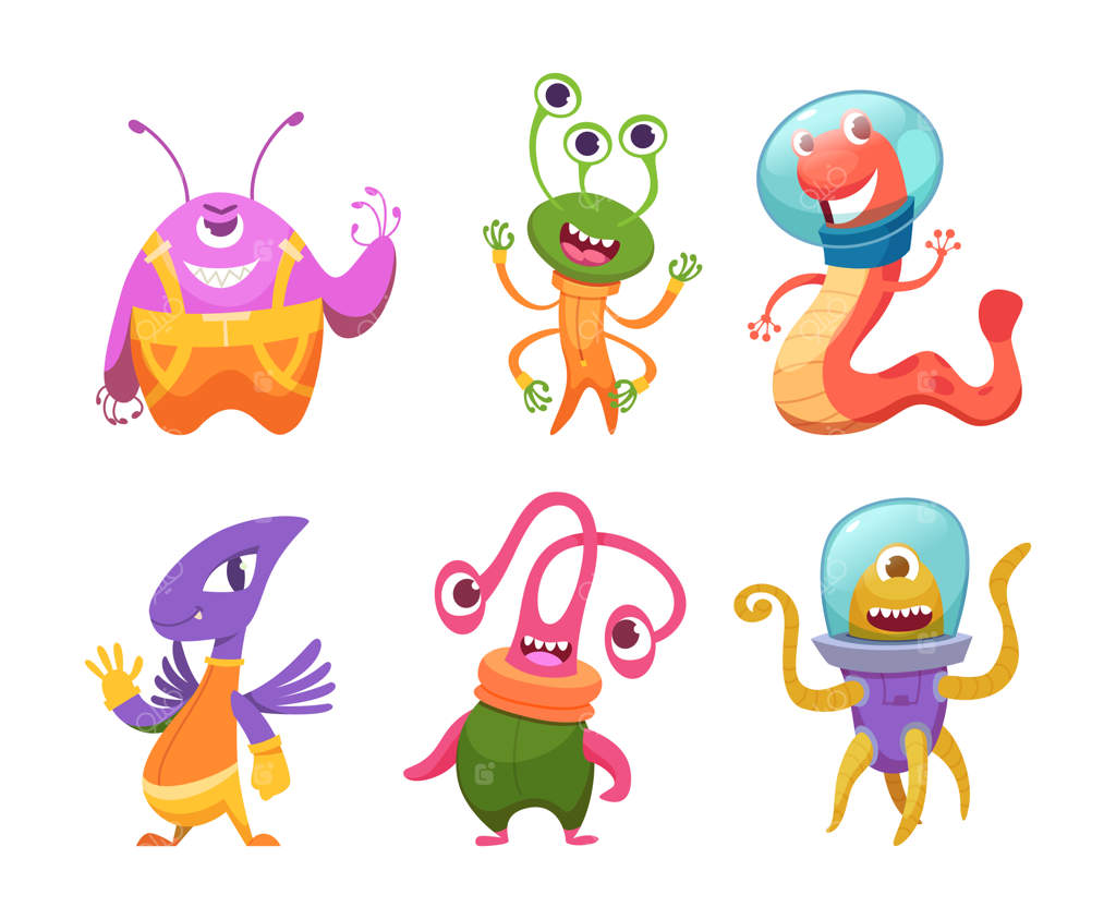 بیگانگان کارتونی: هیولاهای فضایی اسرارآمیز، بامزه و عجیب و غریب در آینده - شخصیت‌های کارتونی با چهره‌های دیوانه و دقیق به سبک وکتور تخت