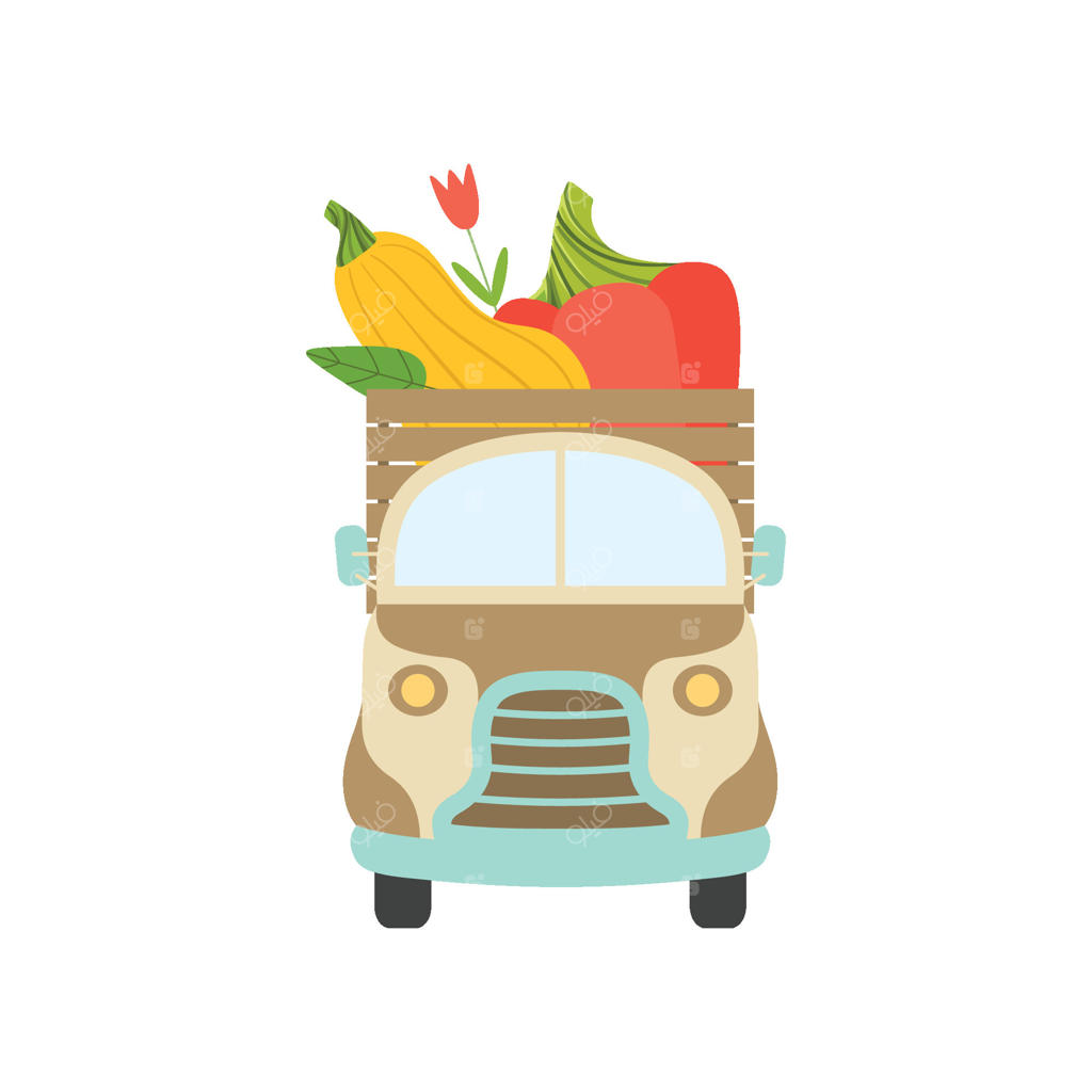 کامیون بامزه با فلفل تازه و کدو سبز بزرگ، نمای جلو، حمل و نقل سبزیجات باغچه، تصویر ارسال مواد غذایی