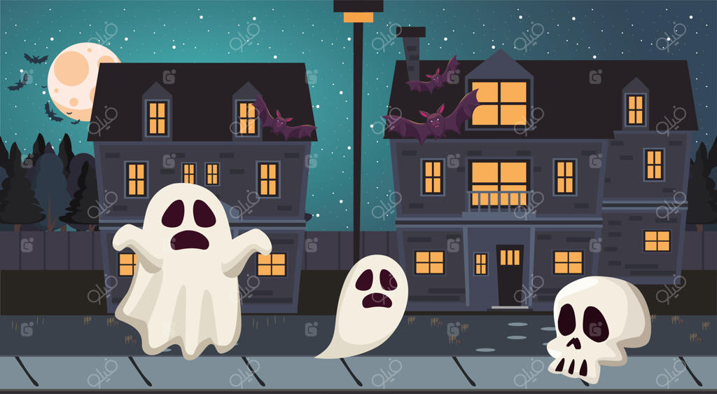 طراحی کارتون های شبانه ارواح و جمجمه‌ ها برای هالووین، موضوع ترسناک و تعطیلاتی