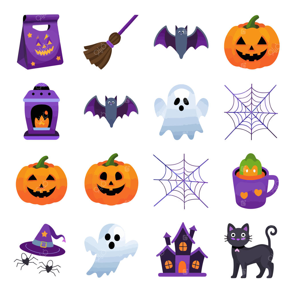 مجموعه آیکون‌های هالووین شامل گربه و خفاش