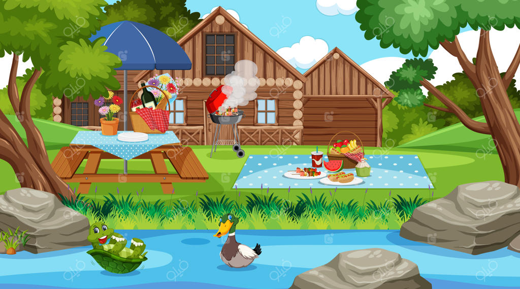 صحنه پیک‌نیک با غذا روی میز و باربیکیو در باغ