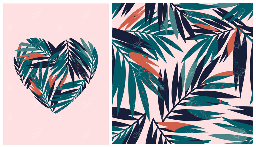 پترن یکپارچه با برگ‌های استوایی و قلب روی زمینه صورتی