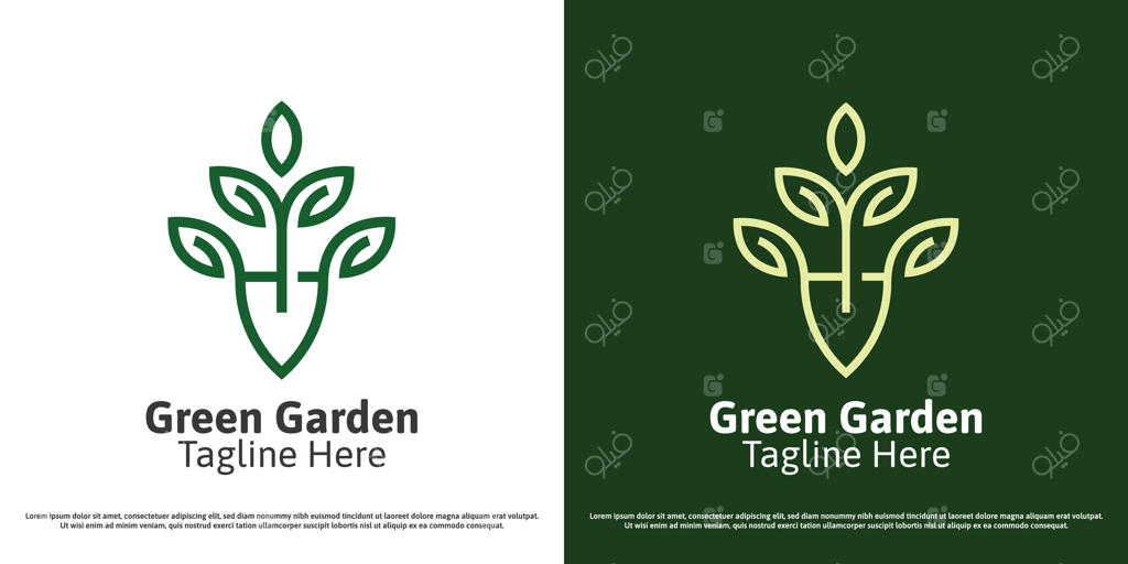 طراحی لوگوی باغ سبز: تصویرسازی بیلچه، برگ‌ها و طبیعت در فضای باز پارک. نماد هندسی و انتزاعی با سبک مینیمالیستی و خطی.