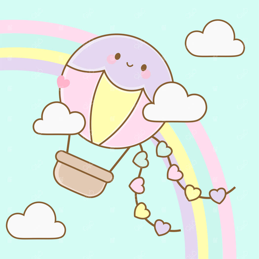 کارتون صبح بخیر بامزه با آسمان آبی و بالن هوای گرم