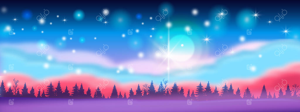 چشم‌انداز زمستانی افقی با آسمان شب، ستارگان، سیلوئت درختان و ابرها