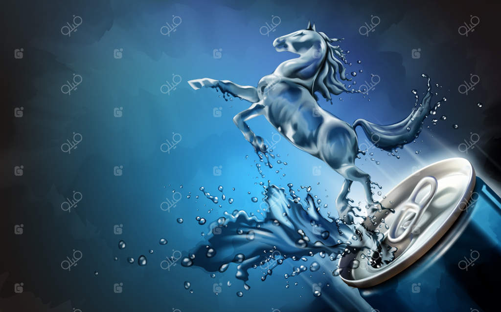 اسب مایع از قوطی بیرون جهید و نوشیدنی‌ها پاشیدند - طراحی سه‌بعدی با زمینه آبی