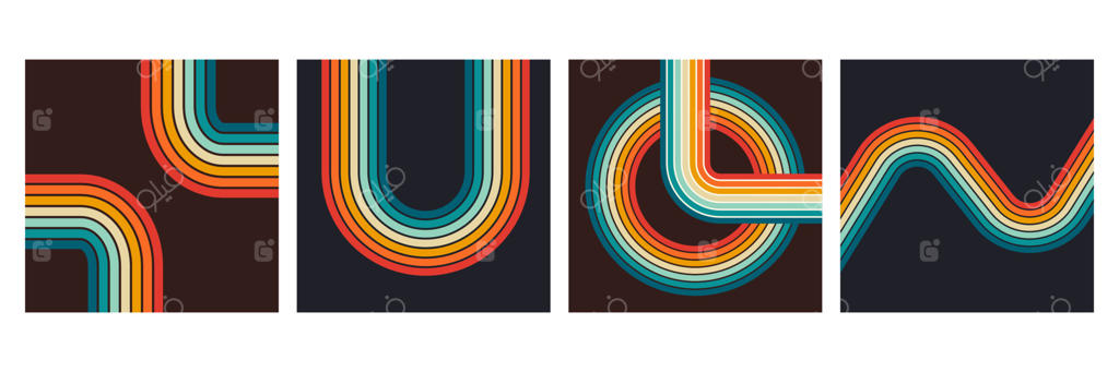 پس‌زمینه راه راه رترو و وینتیج به سبک دهه ۷۰، طرح گرافیکی وکتور با اشکال هندسی و پس‌زمینه رترو دهه ۱۹۷۰، مجموعه قاب‌های خطی انتزاعی و شیک دوران دهه ۷۰