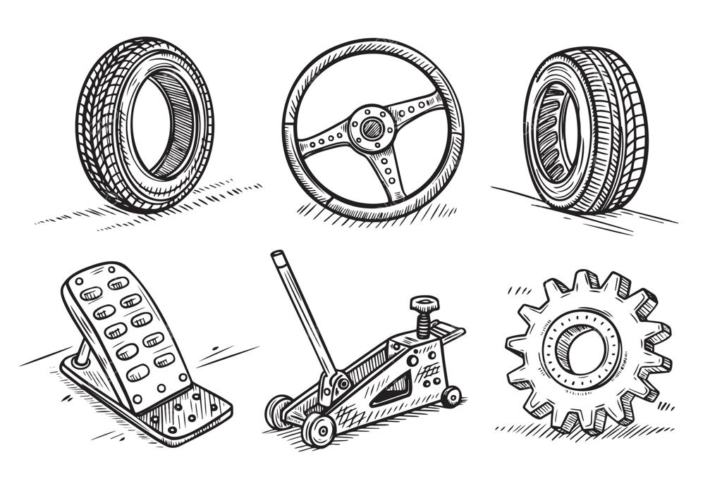 نقاشی یک ماشین با فرمان، جک و لاستیک